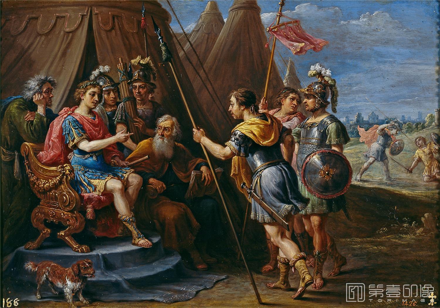 油画-西班牙普拉多美术馆油画藏画-Teniers, David-Godofredo y el Consejo escuchan la demanda de Armida-27cm x 39cm-2675